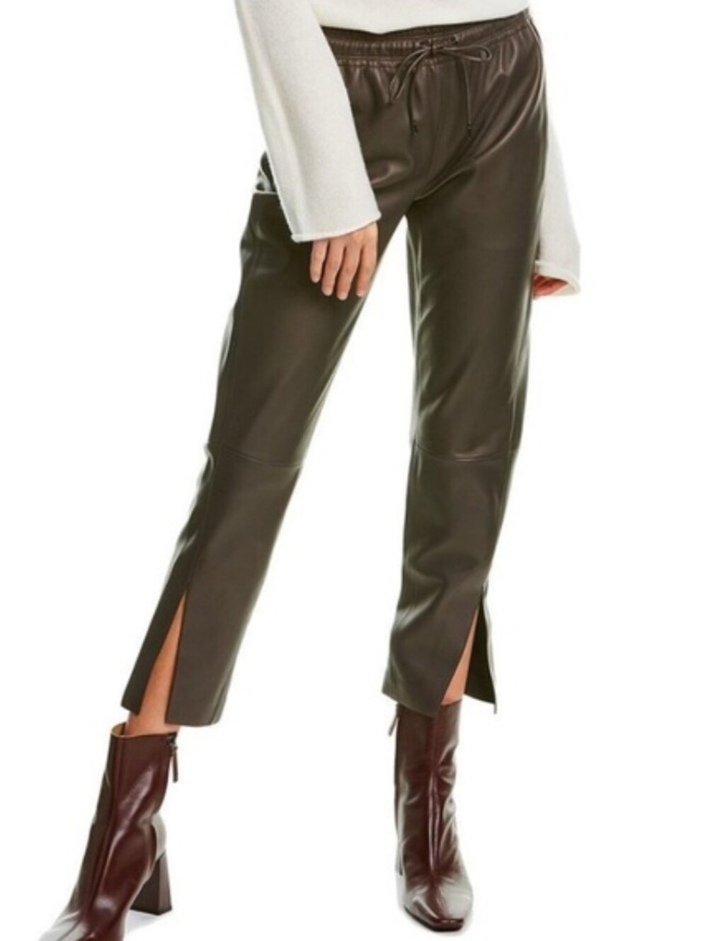 Theory Nappa Leather Slit Leg Pull-On Taupe Straight Leg Pants Size 12